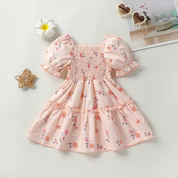 Citgeett/ Летнее повседневное платье трапециевидной формы для маленьких девочек, Розовое платье с короткими пышными рукавами и цветочным принтом, одежда